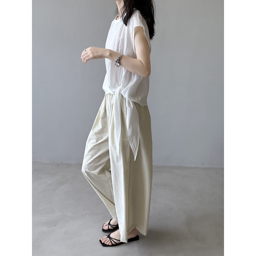 大人かわいい服 リボン結び麻混ノースリーブ
