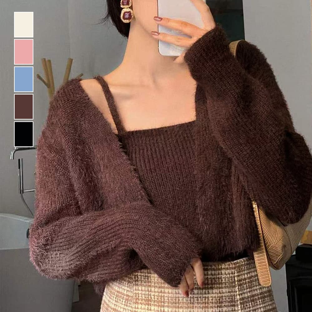 大人かわいい服 ふわもこニットカーディガン キャミソールセット 全5色