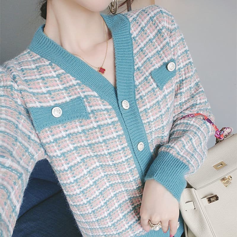 大人かわいい服 チェック柄ニットカーディガン