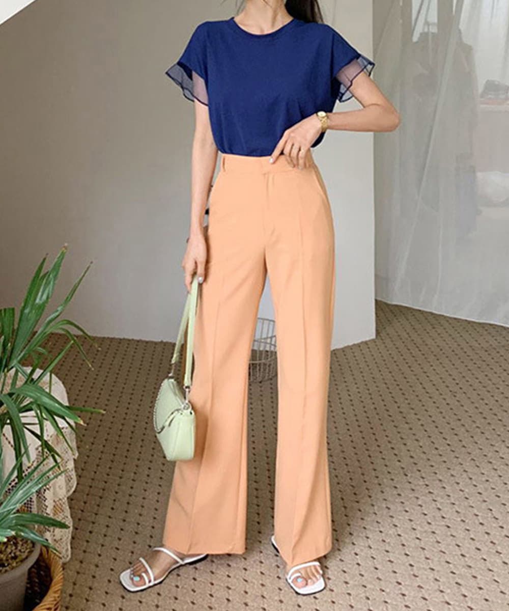 大人かわいい服 シアー袖トップス チュール切替えカットソー