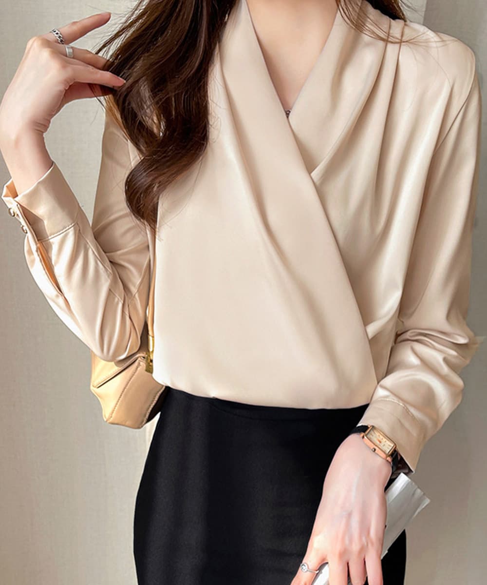 大人かわいい服 とろみ素材 カシュクール シャツブラウス