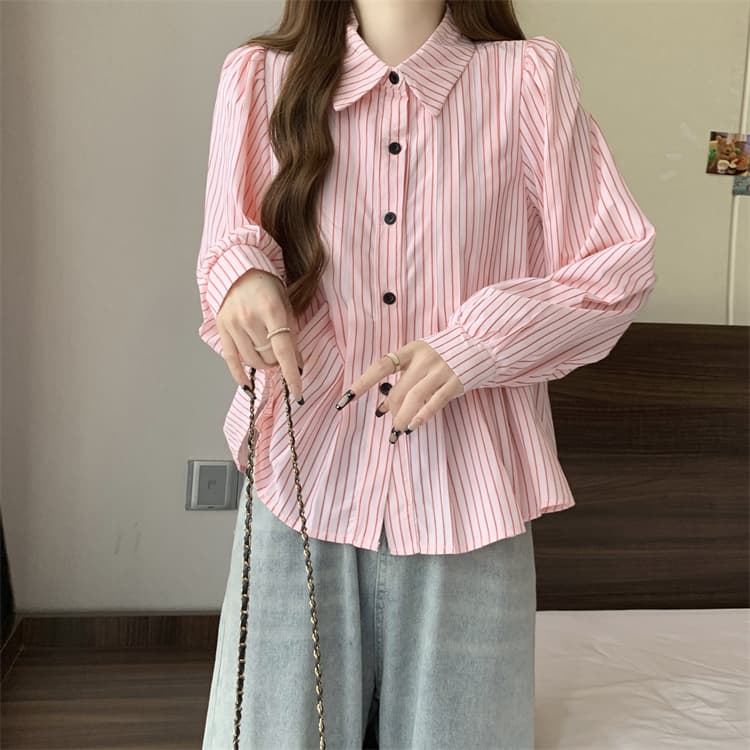 大人かわいい服 ストライプギャザー フレアブラウス
