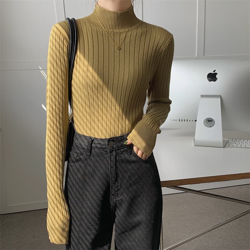 大人かわいい服 縦リブハイネックニットプルオーバー