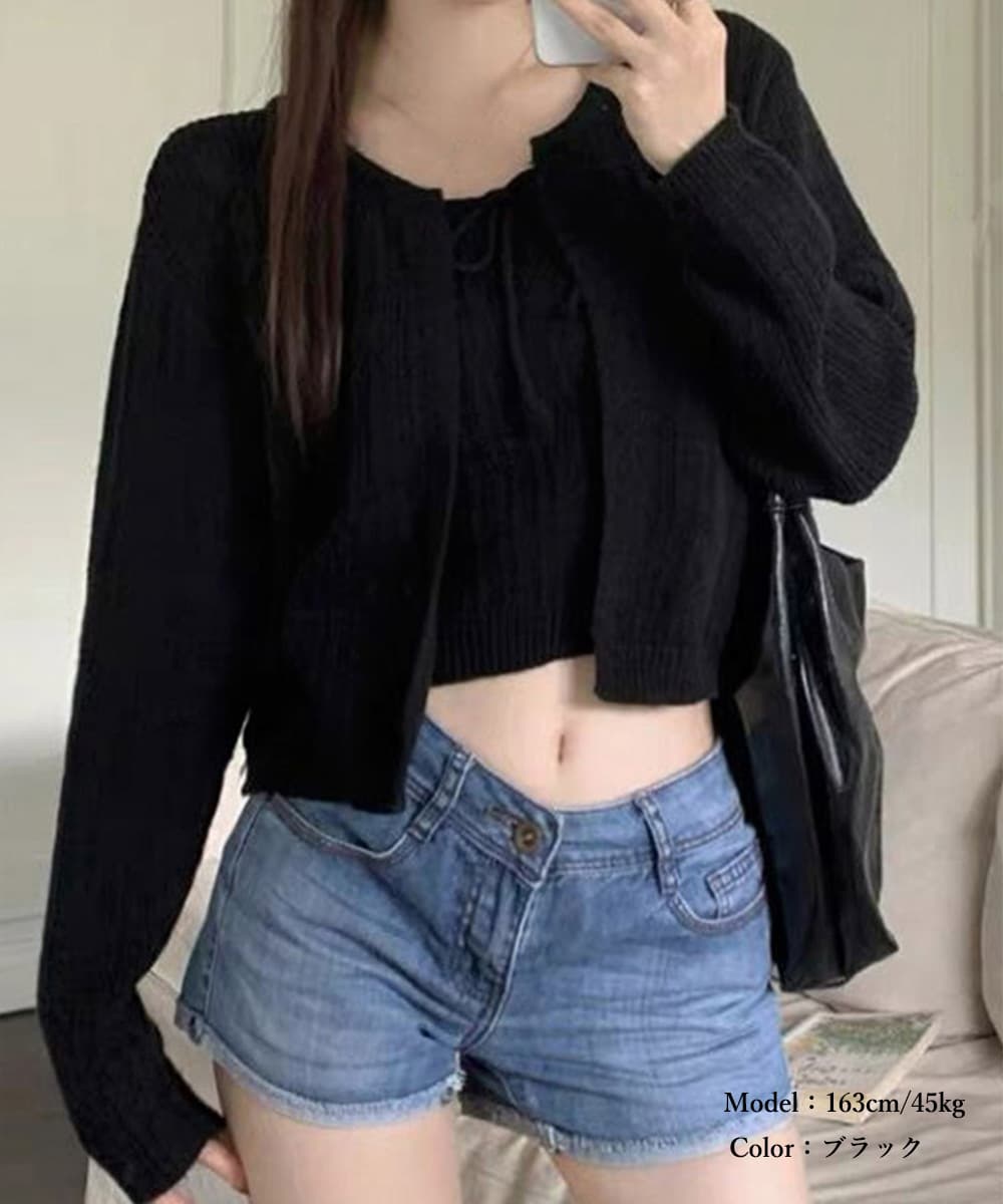 大人かわいい服 韓国風リボンニットカーディガンキャミソール二点セットトップス