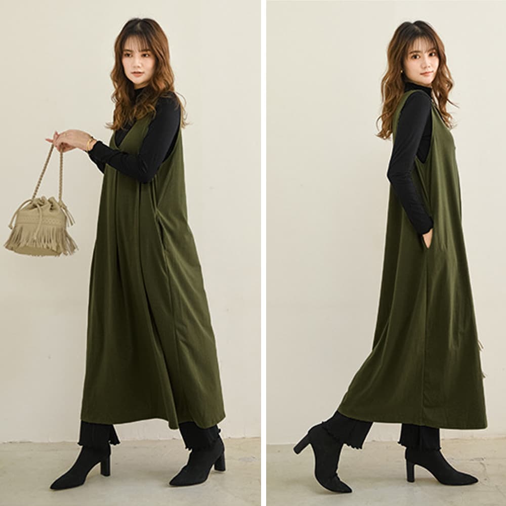 大人かわいい服 Vネックジャンパースカート ロングワンピース 秋冬