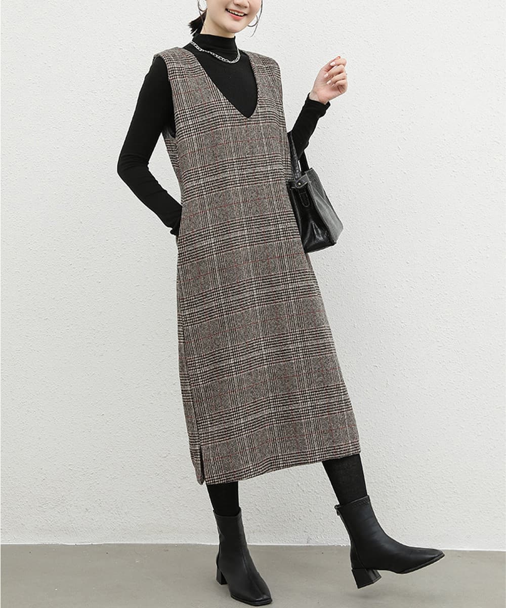 大人かわいい服 大人チェック柄 サイドスリット ジャンパースカートワンピース