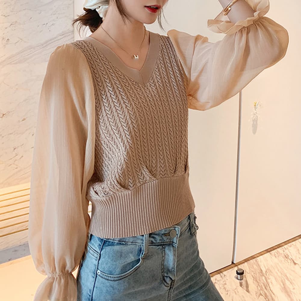 大人かわいい服 ふんわりシフォン袖 ケーブル編みニットトップス