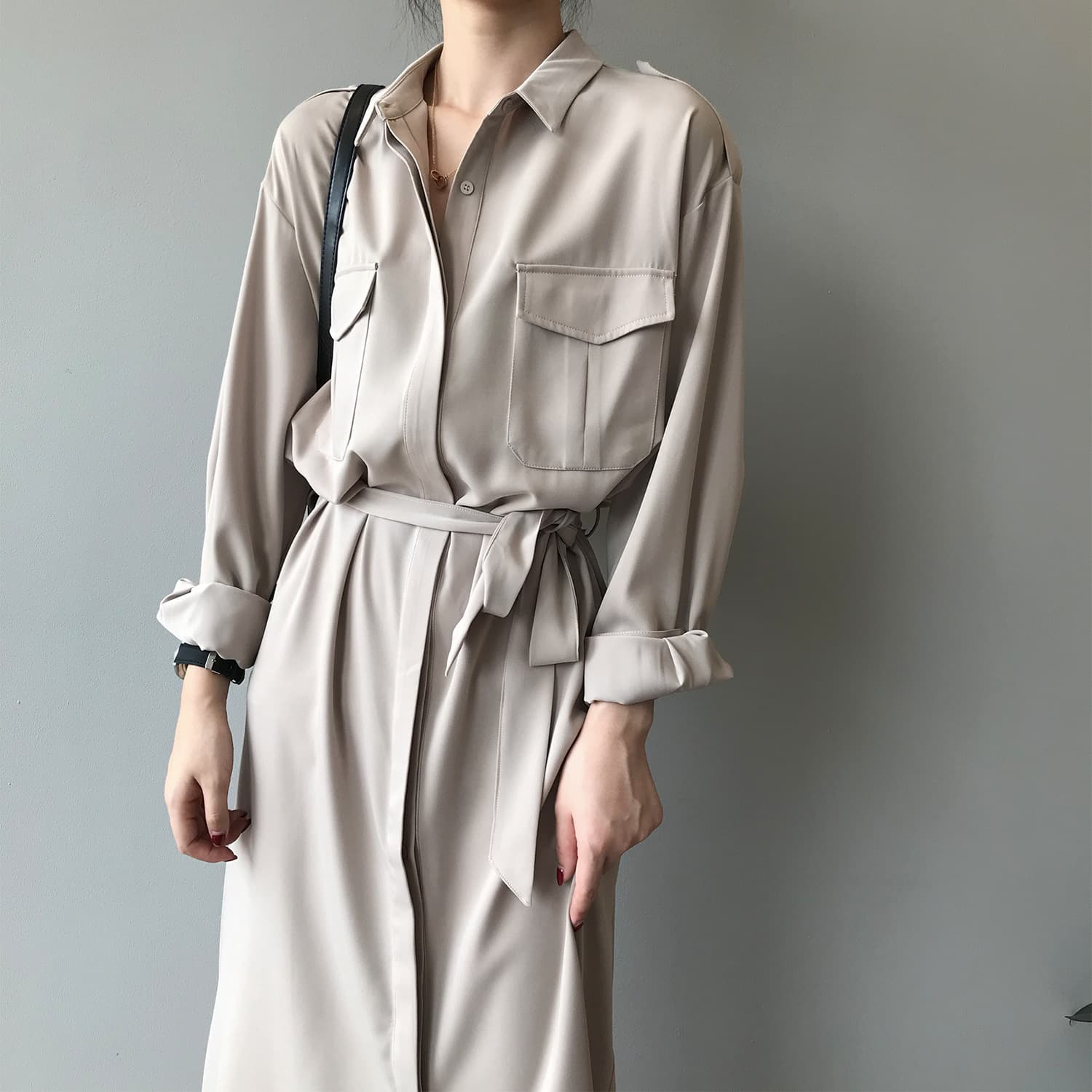 大人かわいい服 大人可愛いウエストマークシャツワンピース