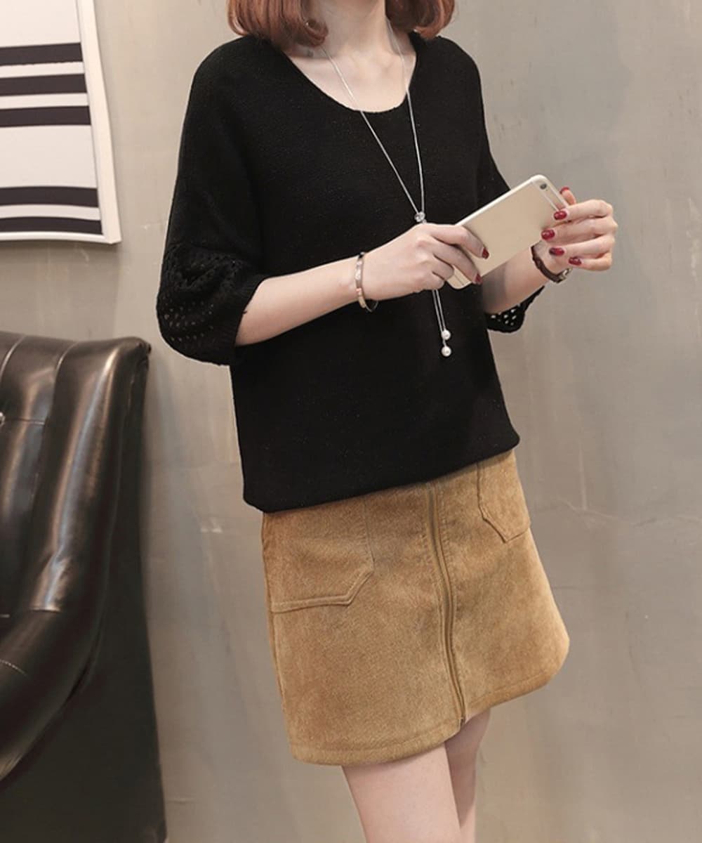 大人かわいい服 透かし袖サマーニットトップス 涼しげVネック