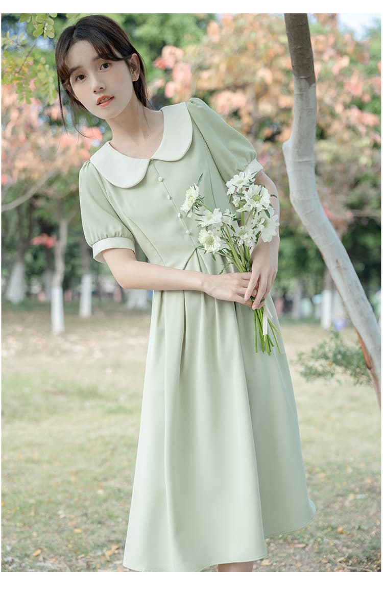 大人かわいい服 丸襟パフスリーブ配色切替ミディ丈ワンピース