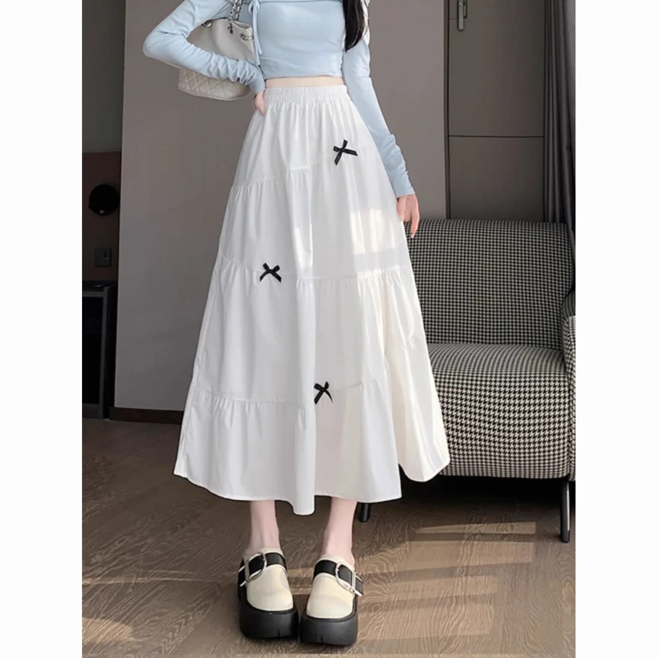 大人かわいい服 小さなリボン ティアード ロングスカート