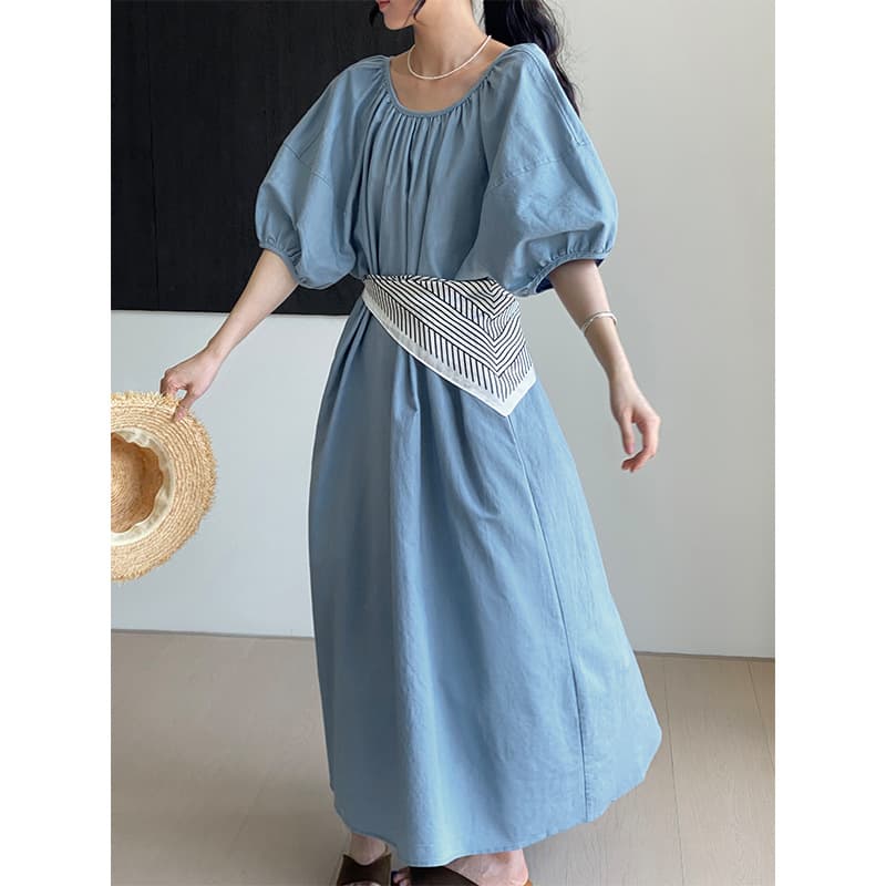 大人かわいい服 リネン混パフスリーブウエスト紐ワンピース