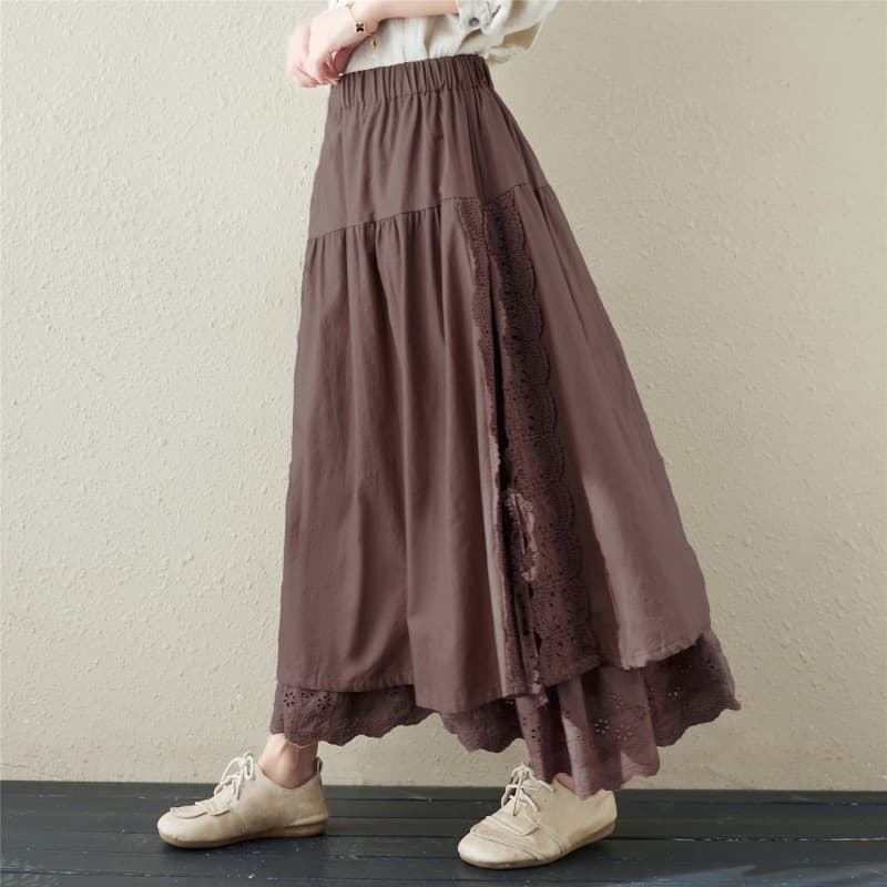 大人かわいい服 裾レースが華やぐ 切替ロングスカート
