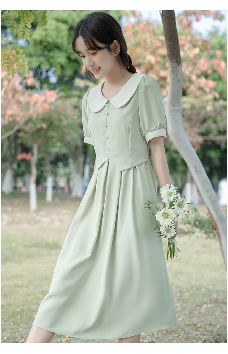 大人かわいい服 丸襟パフスリーブ配色切替ミディ丈ワンピース