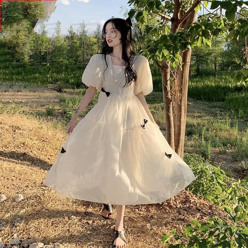 大人かわいい服 森ガールチュールワンピース リボン装飾