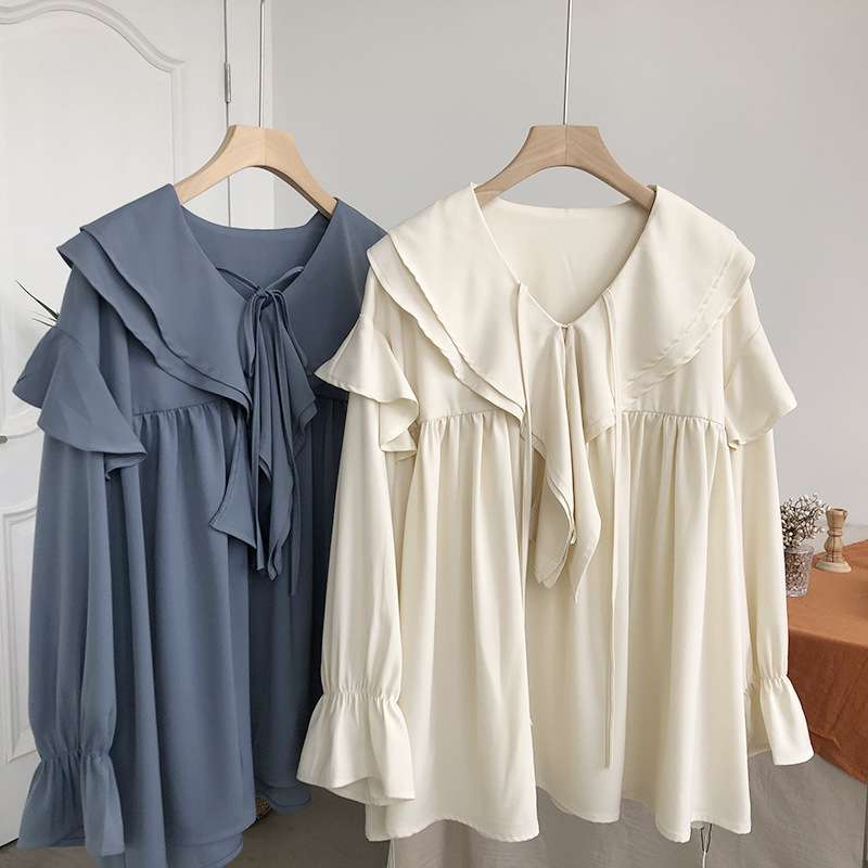 大人かわいい服 上品フリルカラー×リボンブラウス