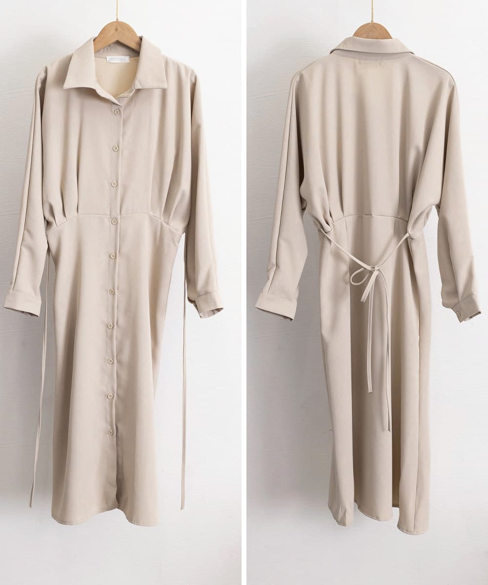大人かわいい服 上品シルエット ウエストマーク シャツワンピース