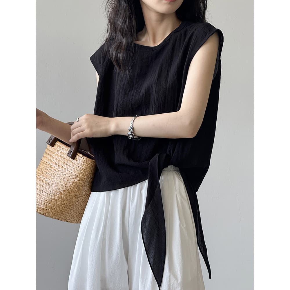 大人かわいい服 リボン結び麻混ノースリーブ