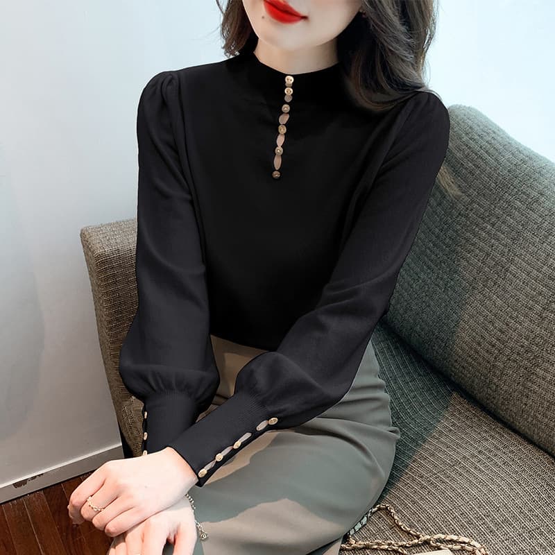 大人かわいい服 柔らか素材のスタンドカラートップス