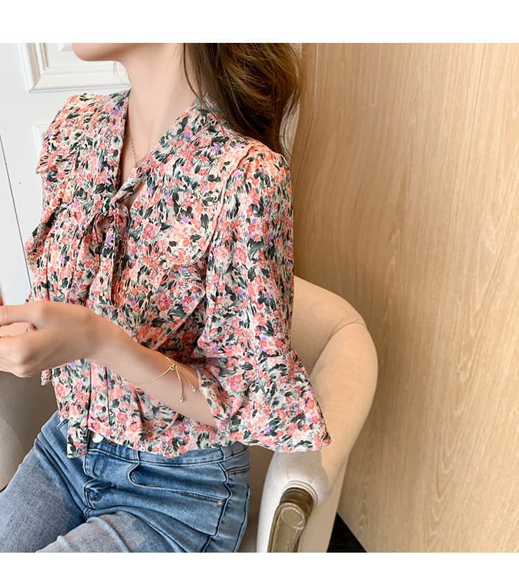 大人かわいい服 花柄リボンタイ七分袖ブラウス