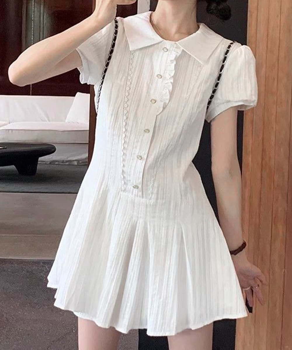 大人かわいい服 プリーツフリル襟ミニワンピース 春夏セット