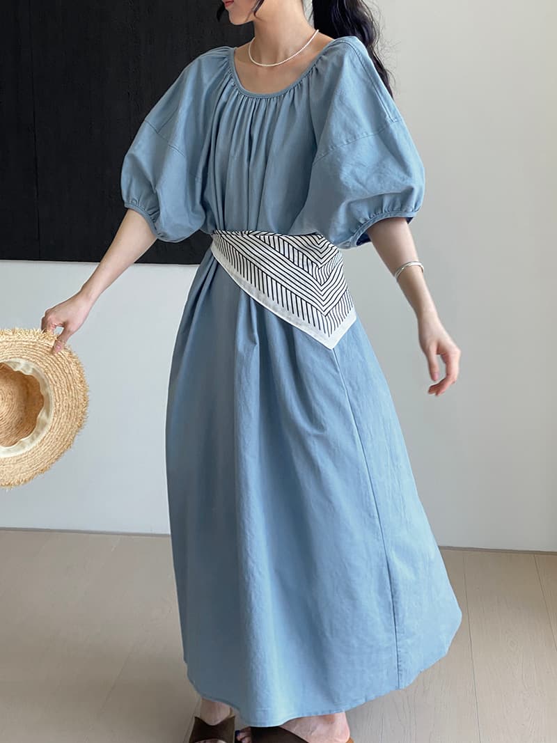 大人かわいい服 リネン混パフスリーブウエスト紐ワンピース