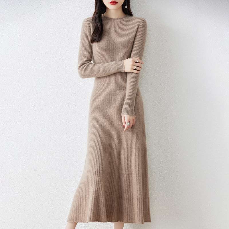大人かわいい服 美シルエットリブニットロングワンピース