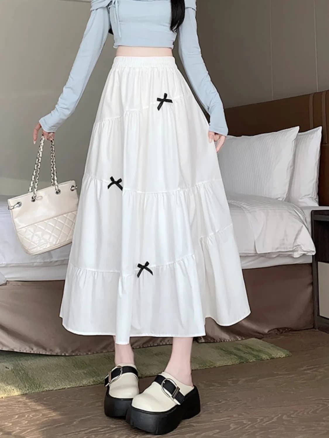 大人かわいい服 小さなリボン ティアード ロングスカート