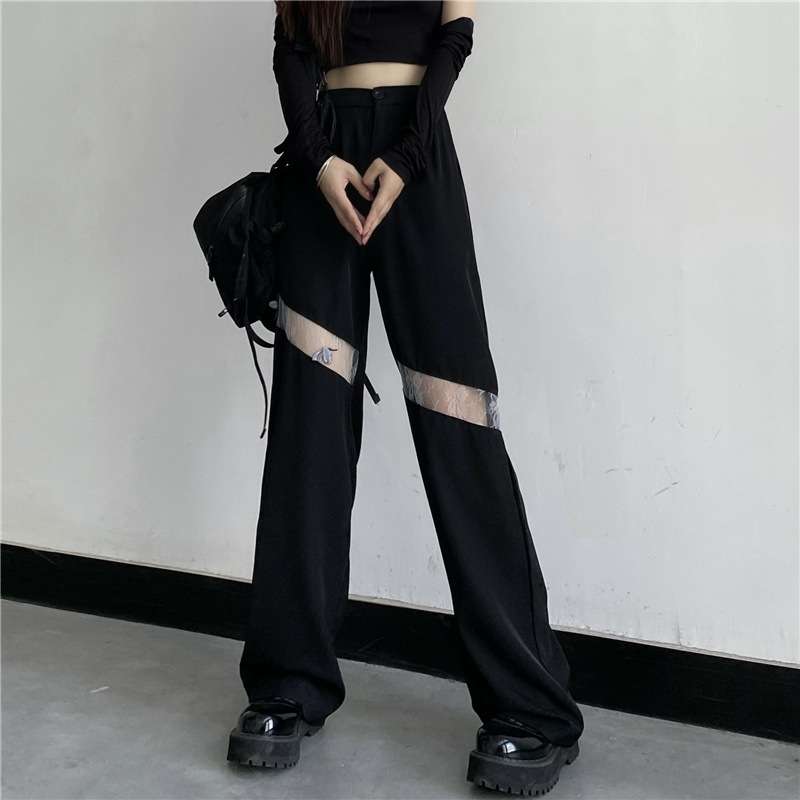 大人かわいい服 メッシュ切替ワイドパンツ