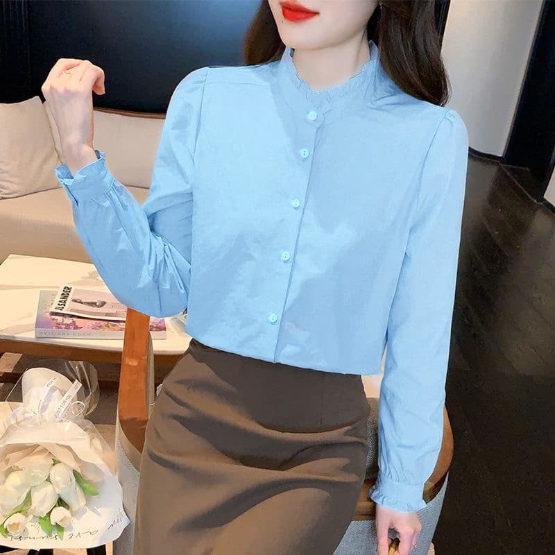 大人かわいい服 フリルスタンドカラーロングスリーブシャツ