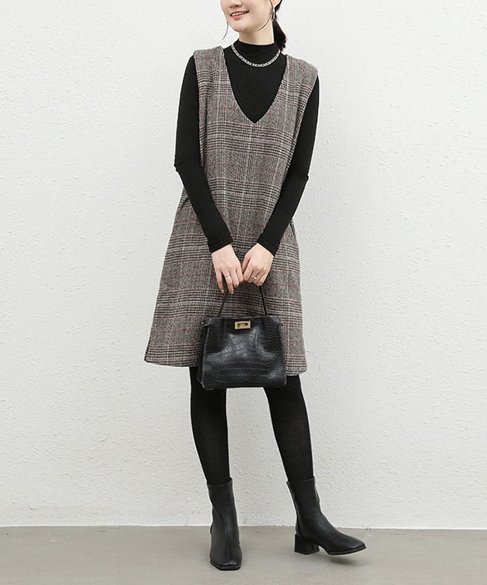 大人かわいい服 大人チェック柄 サイドスリット ジャンパースカートワンピース