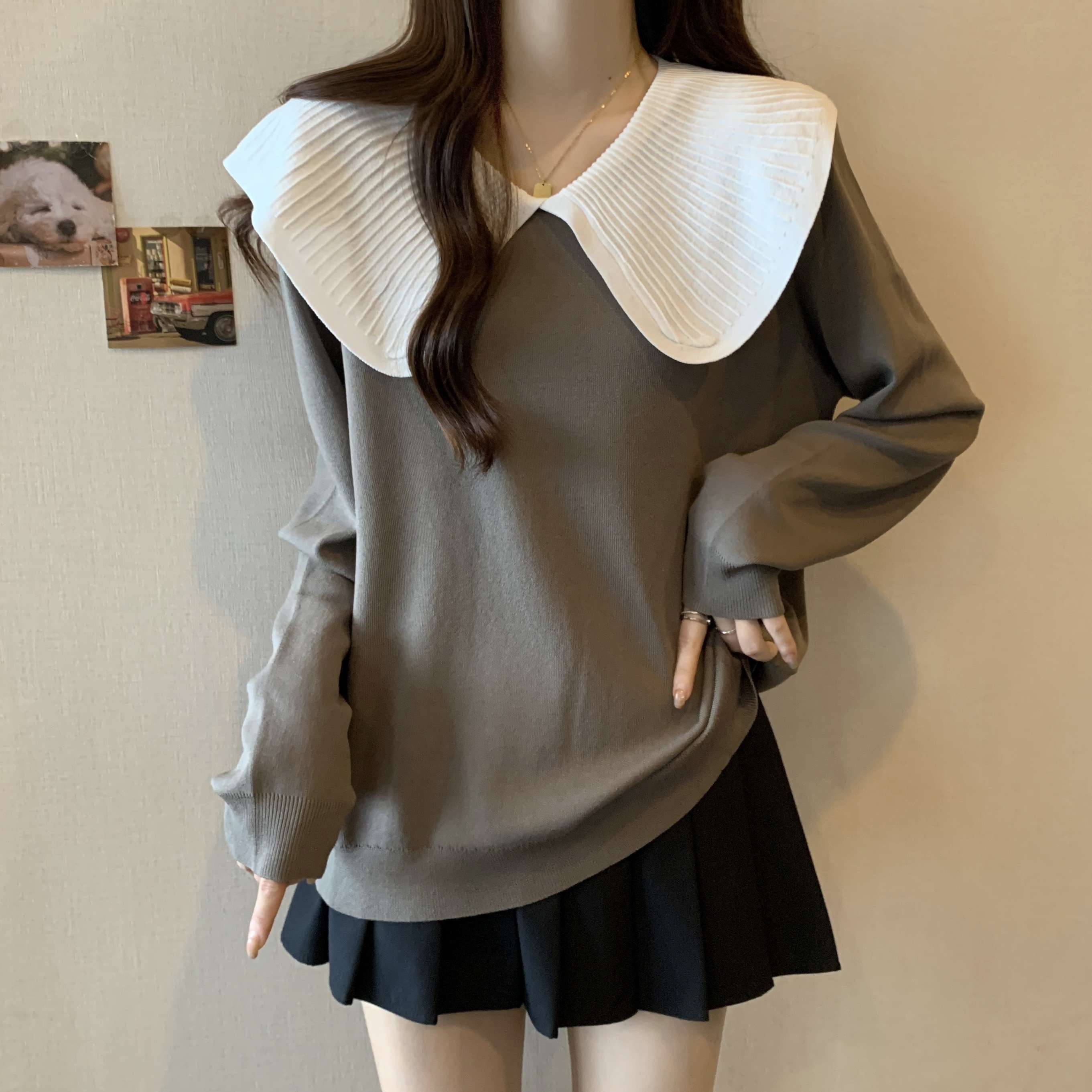 大人かわいい服 襟プリーツゆったりニットトップス