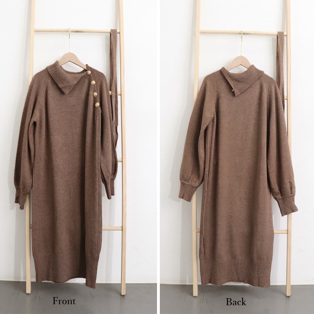 大人かわいい服 斜めボタン ニットワンピース 秋冬 ロング丈