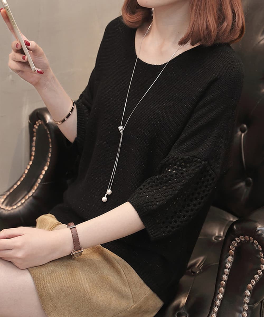 大人かわいい服 透かし袖サマーニットトップス 涼しげVネック