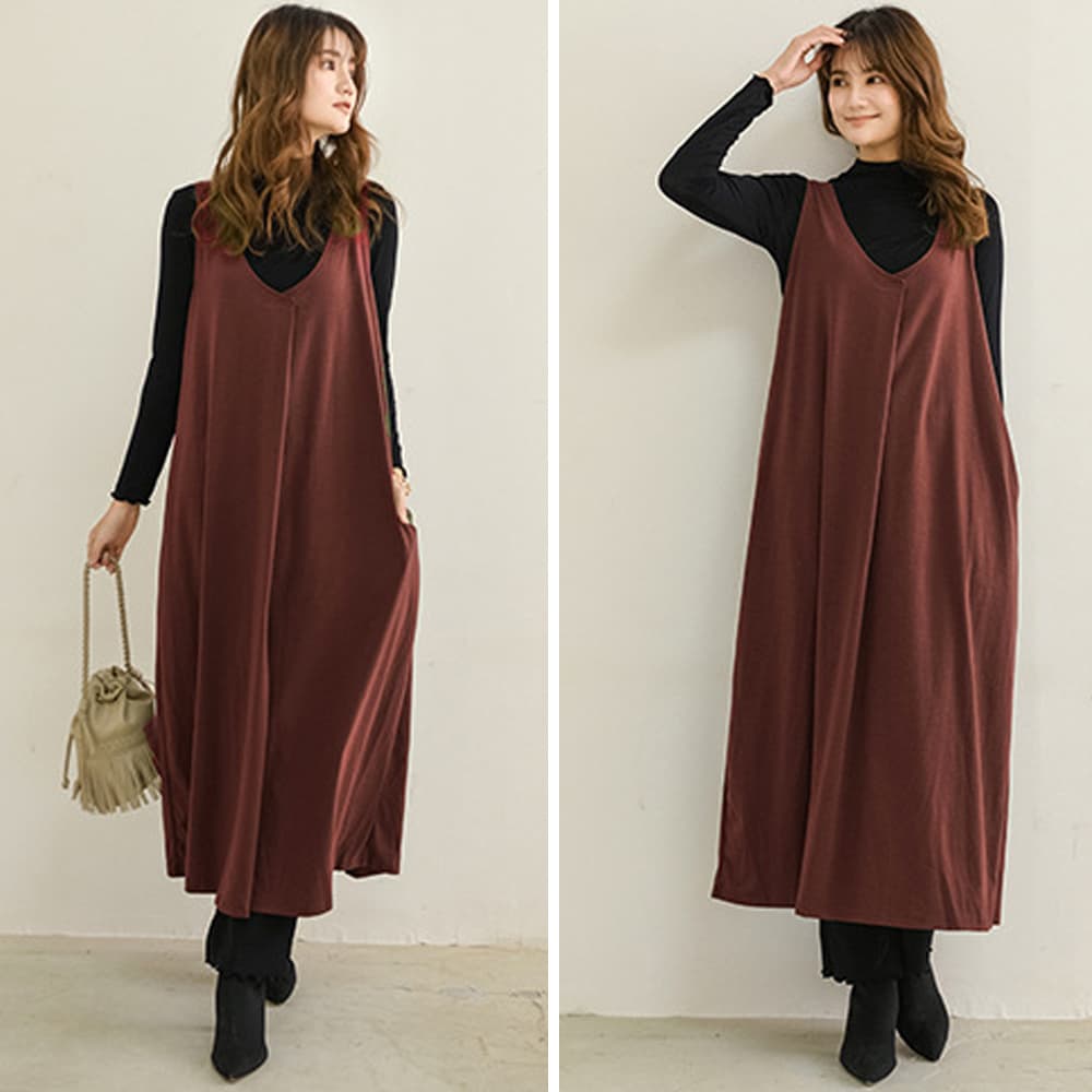 大人かわいい服 Vネックジャンパースカート ロングワンピース 秋冬