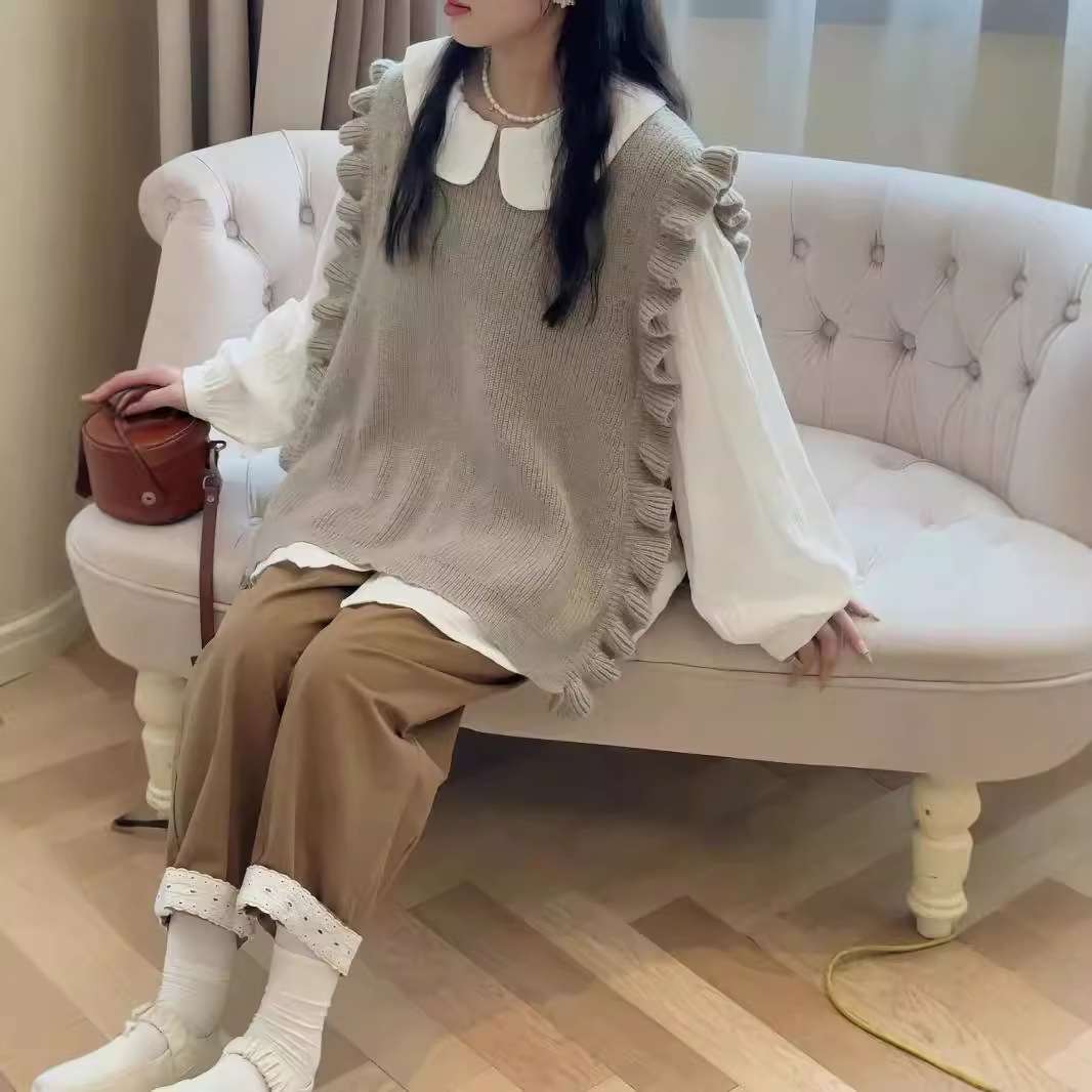 大人かわいい服 シフォン×ニットのフリルコーデセット