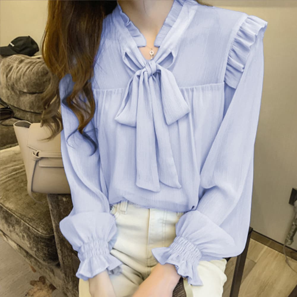 大人かわいい服 フリルリボン シアートップス 長袖ブラウス