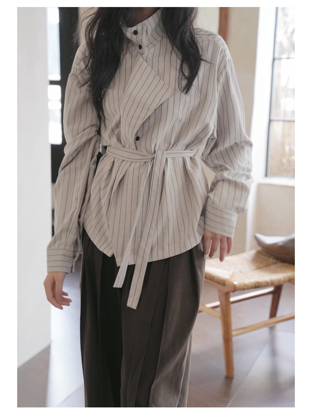 大人かわいい服 甘さ香るウエストマーク ストライプトップス