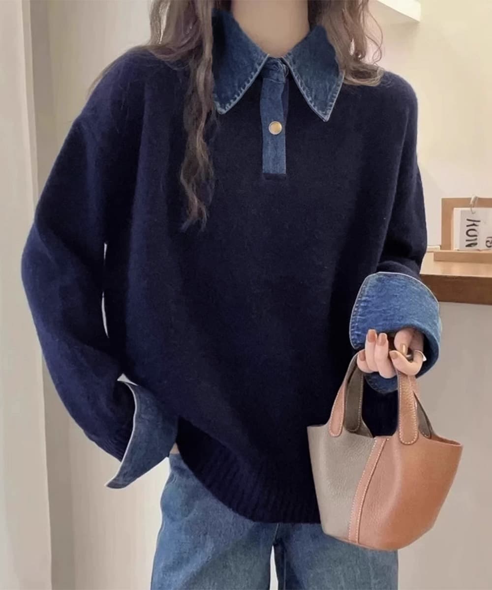 大人かわいい服 デニム切り替えレイヤード風ニットポロ