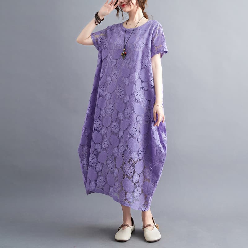 大人かわいい服 花模様レース透かしゆったりワンピース