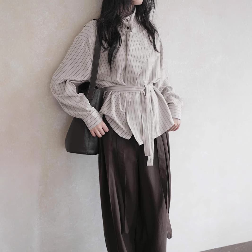大人かわいい服 甘さ香るウエストマーク ストライプトップス