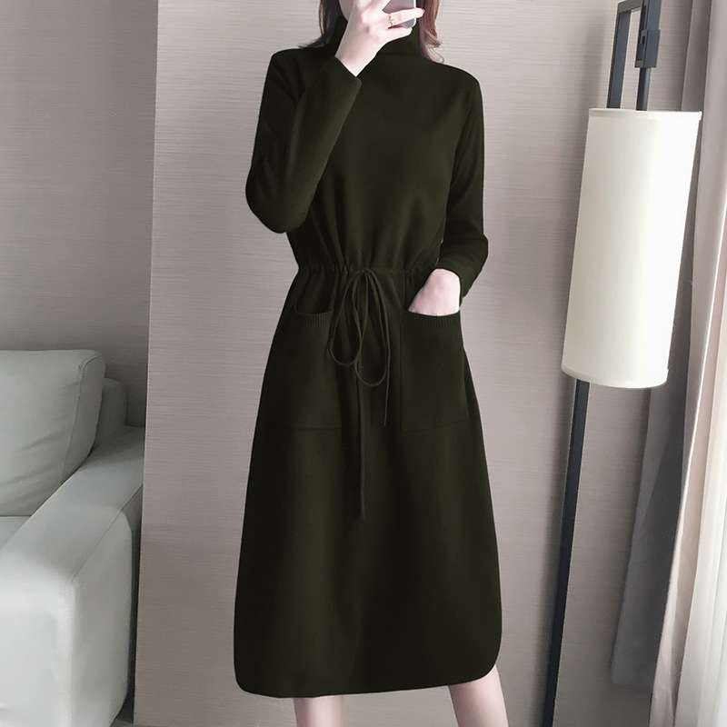 大人かわいい服 リボンベルトタートルネックニットワンピース