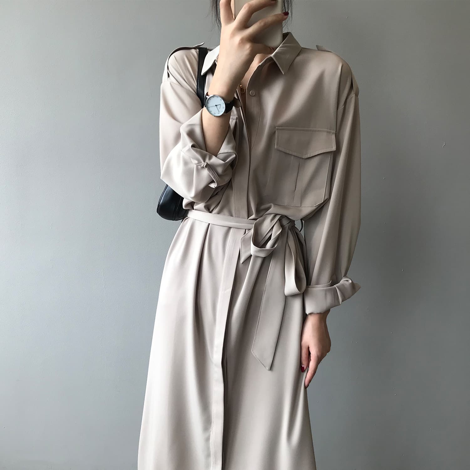 大人かわいい服 大人可愛いウエストマークシャツワンピース