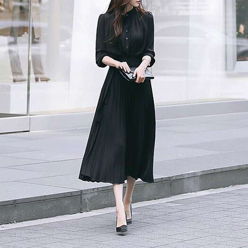 大人かわいい服 上品プリーツロングワンピース