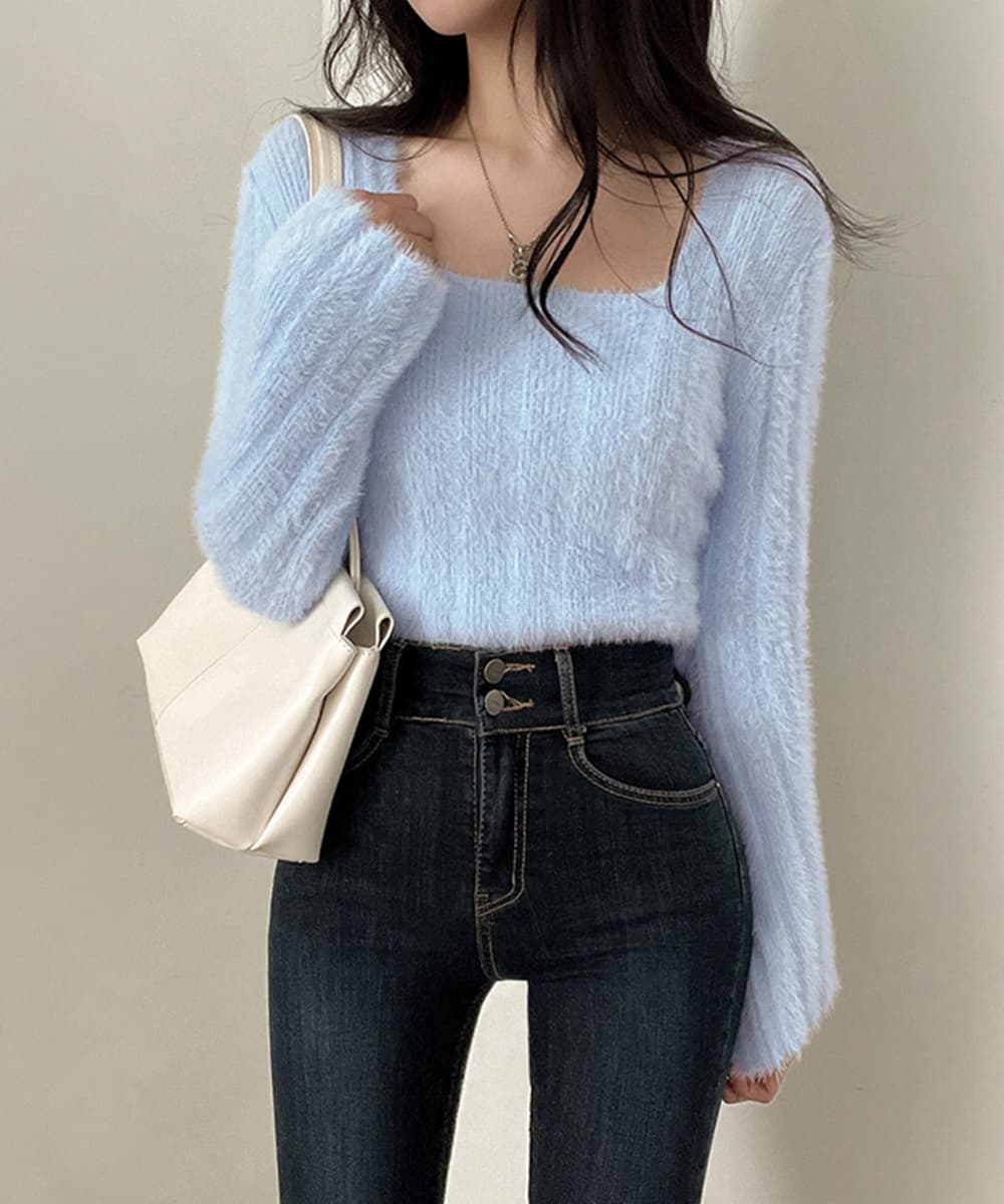 大人かわいい服 ふわシャギー ショート丈ニットトップス
