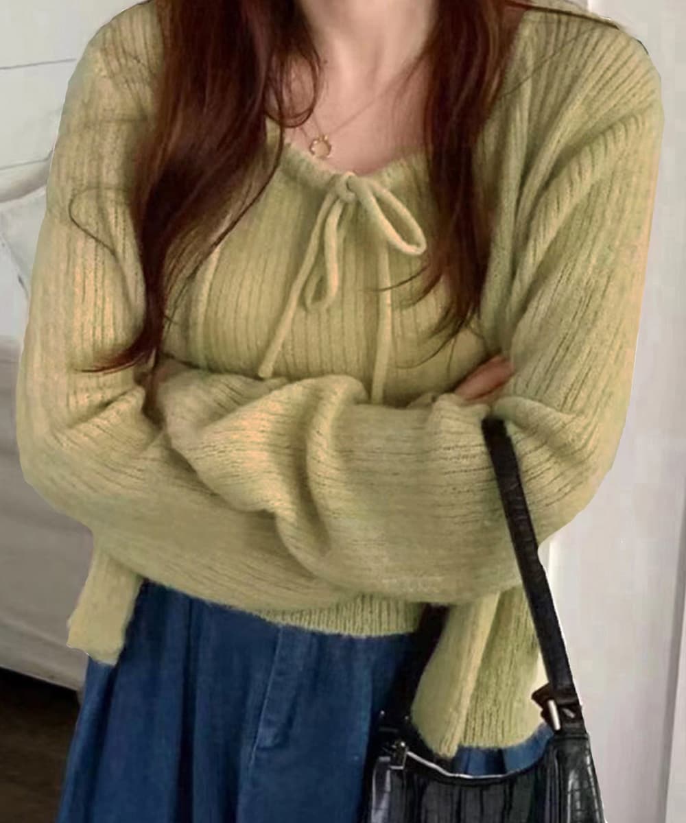 大人かわいい服 韓国風リボンニットカーディガンキャミソール二点セットトップス