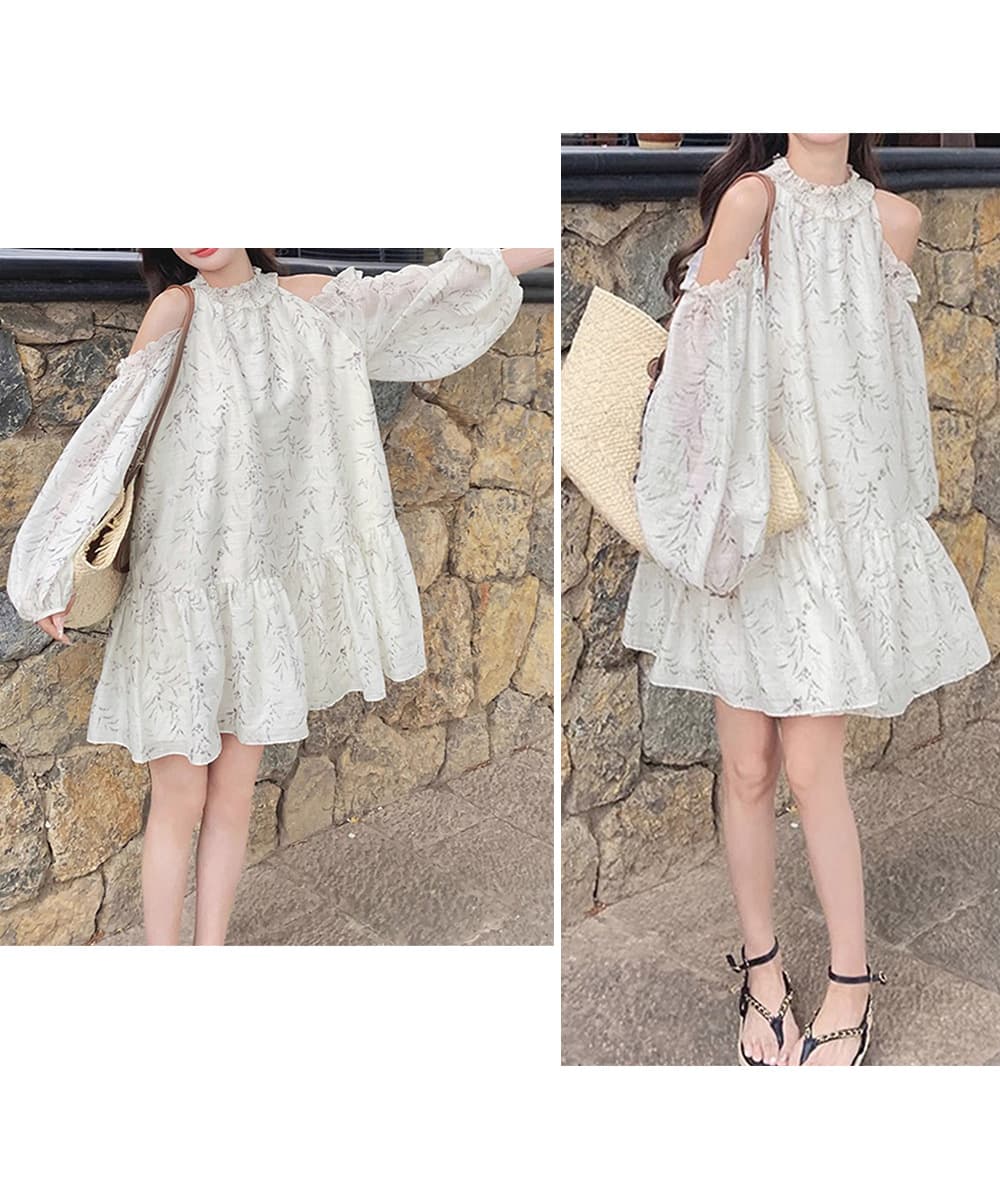 大人かわいい服 肩見せ 花柄フリルティアードワンピース