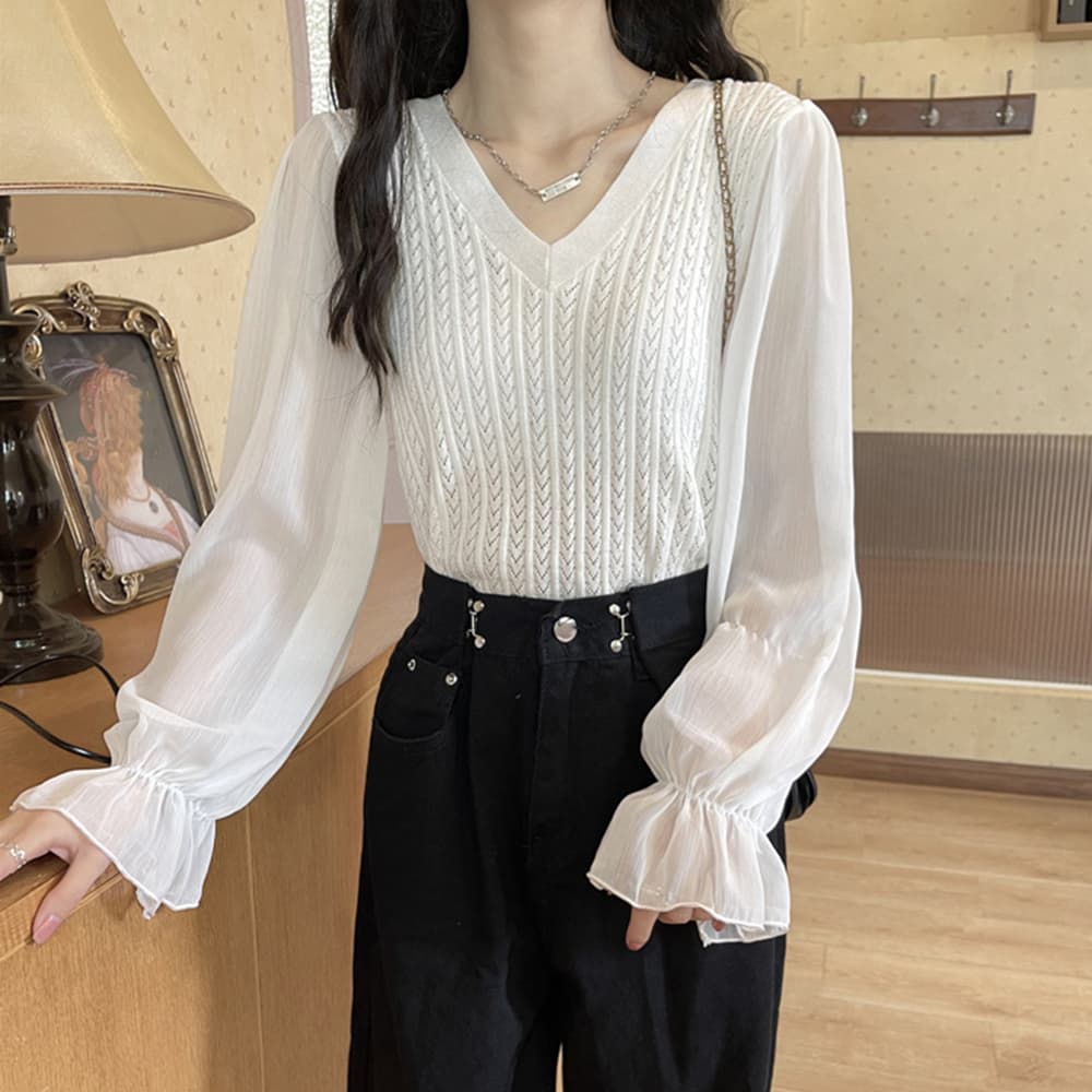 大人かわいい服 ふんわりシフォン袖 ケーブル編みニットトップス