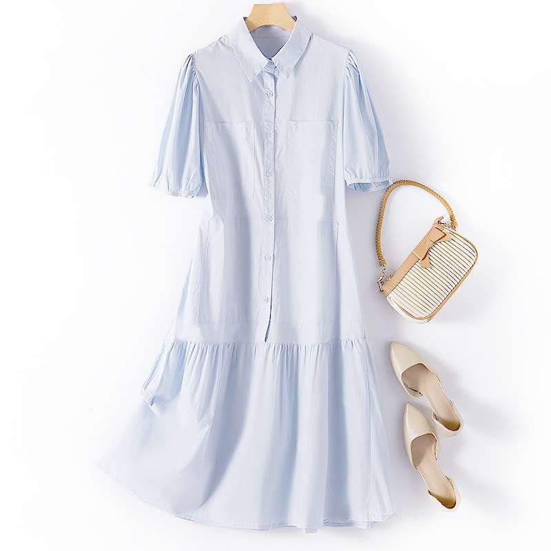 大人かわいい服 襟付きパフスリーブ ティアードワンピース