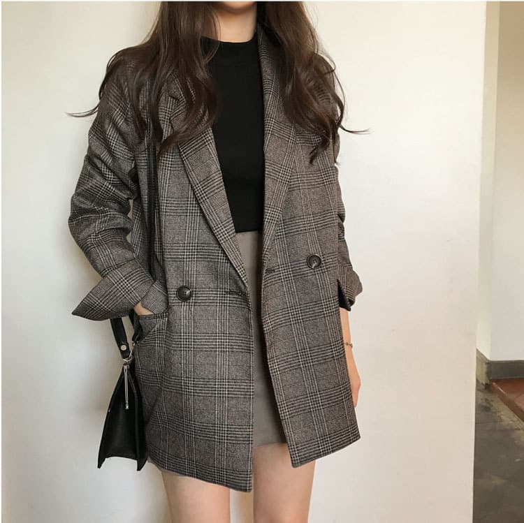 大人かわいい服 グレンチェック柄ダブルボタンロング丈テーラードジャケット